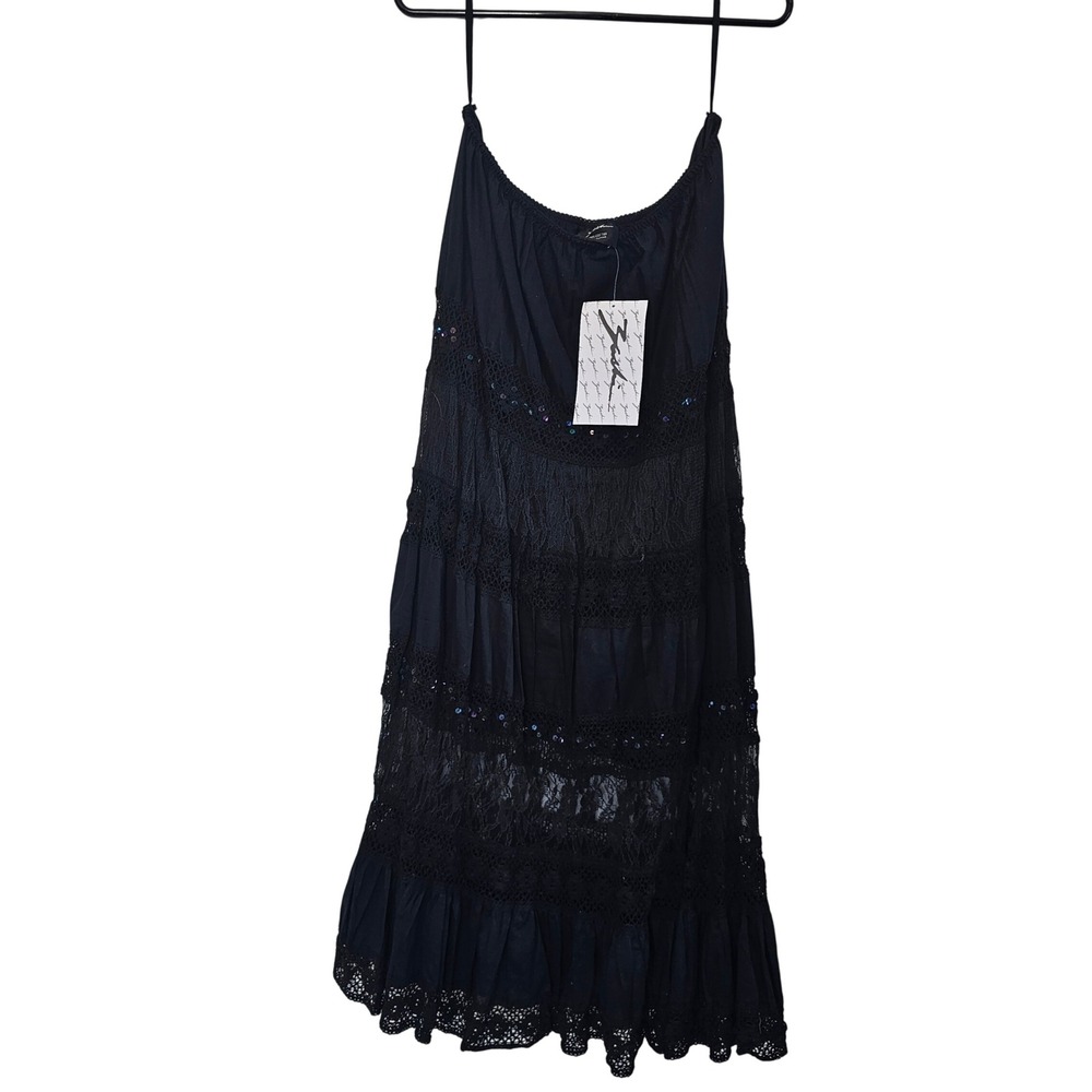 Zashi Womens Black Cotton Tiered Lace Sequin Maxi Dress XL Boho Witchy New